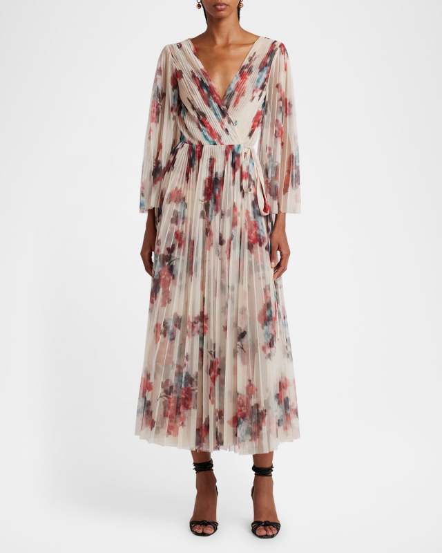 Blur Floral-Print Pleated Midi Wrap Dress